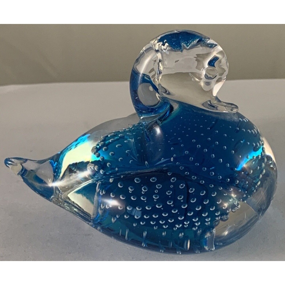 VTG Handblown Blue/Clear Art Glass Swan Paperweight Figurine w Bullicante 3"Tall